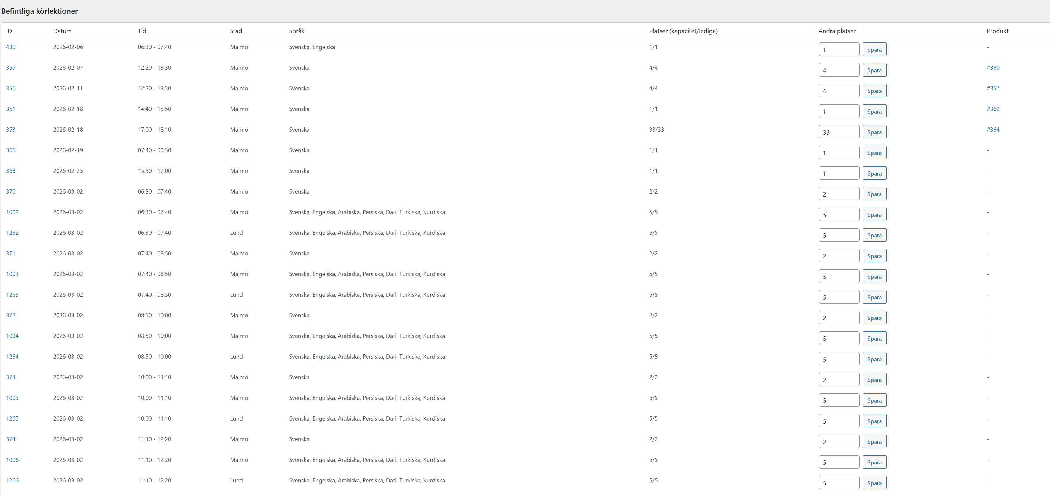 Bokningssystem för Trafikskola i WordPress och WooCommerce 11 Adminvy i bokningssystemet för trafikskola där befintliga körlektioner visas med datum, tid, stad, språk, platser och produktkoppling.