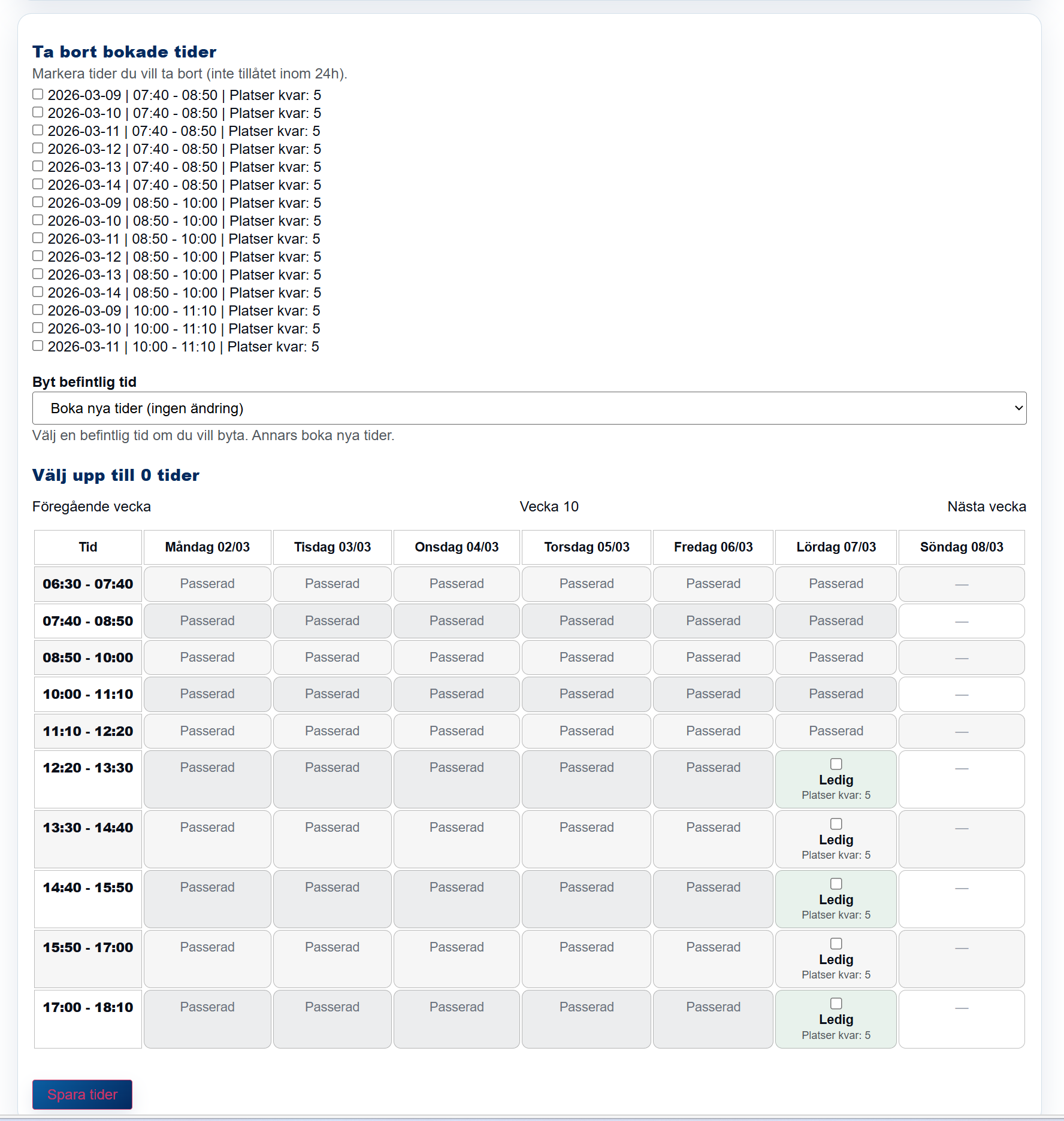 Bokningssystem för Trafikskola i WordPress och WooCommerce 9 Skärmdump från bokningssystem för trafikskola där eleven kan välja order, se bokade tider, ta bort tider och välja nya tider i ett veckoschema.