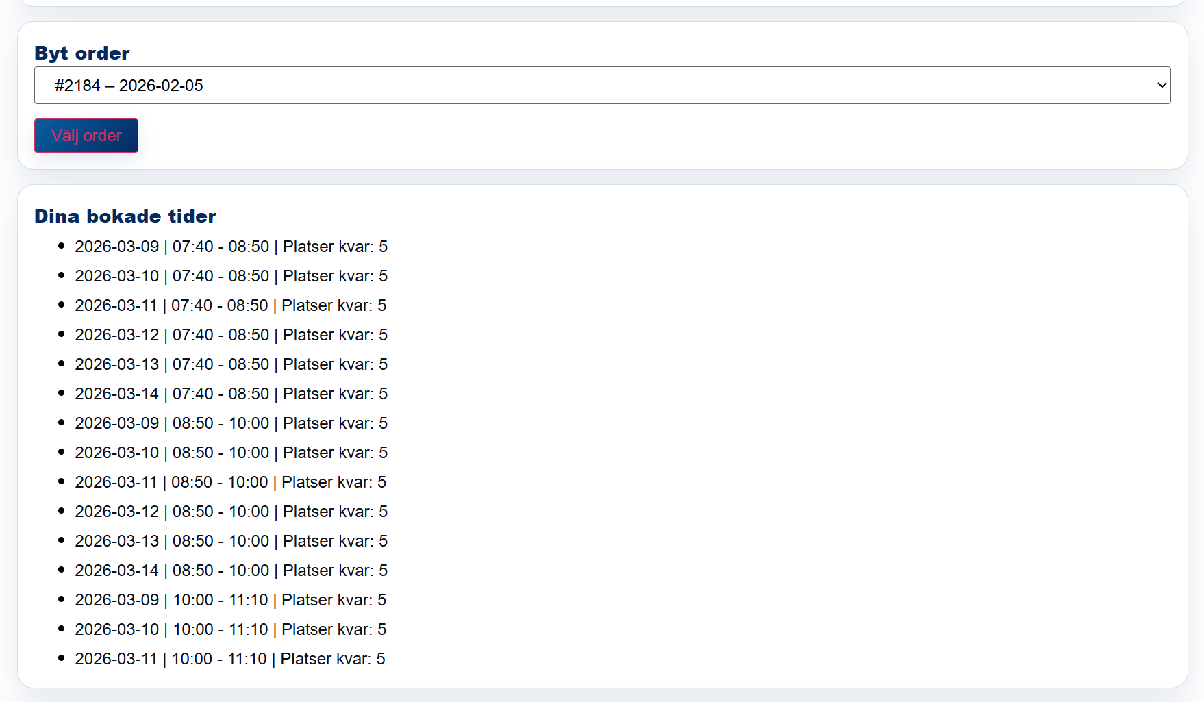 Bokningssystem för Trafikskola i WordPress och WooCommerce 10 Lista över elevens bokade tider i bokningssystemet för trafikskola med datum, tid och antal platser kvar.